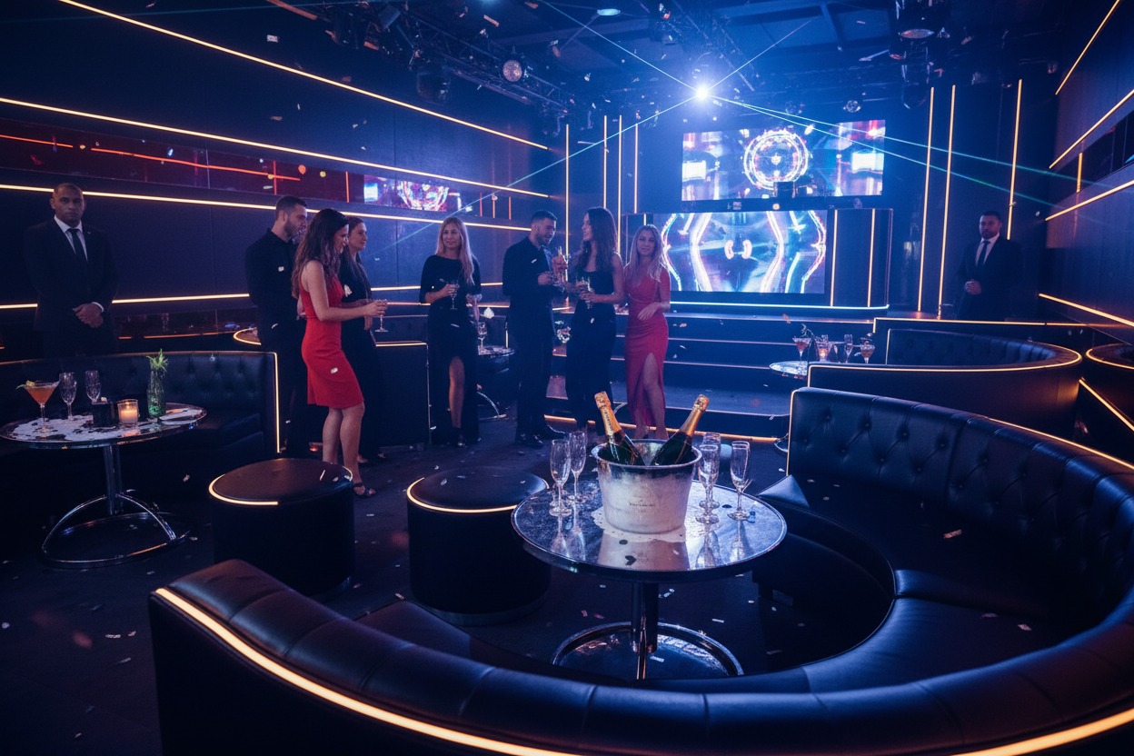 People socialize in a modern, dimly lit nightclub featuring curved leather booths, neon lighting, and a champagne bucket on a table.