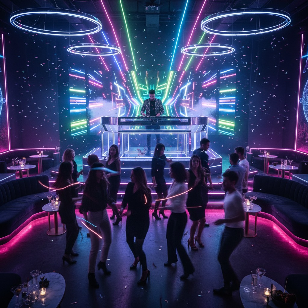 A DJ performs on a raised stage in a modern nightclub filled with neon lights, confetti, and people dancing.